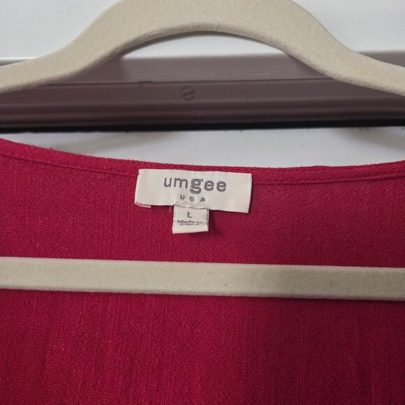 Umgee L Red Linen Blend Top Button-up Tiered Sleeves Ruffle Fringe Tie Waist - Picture 3 of 6